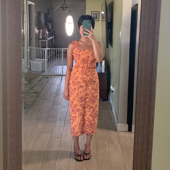 The Linden Slim Square-Neck Dress Floral Orange Dress - Picture 1 of 4